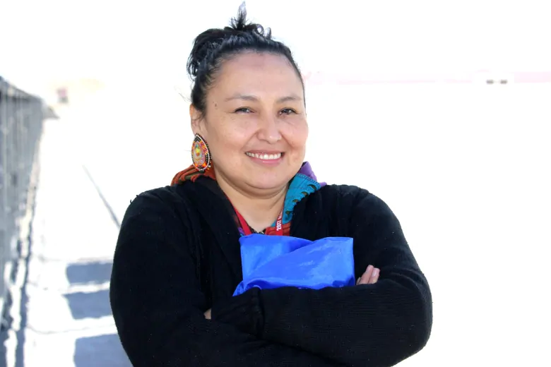 Wyonah Snow-Wolftail is the mother of racer Steven Wolftail and sits on the Canadian Indian Relay Racing Association's executive committee. (photo: Livia Manywounds/CBC) Wyonah Snow-Wolftail is the mother of racer Steven Wolftail and sits on the Canadian Indian Relay Racing Association's executive committee. (photo: Livia Manywounds/CBC)