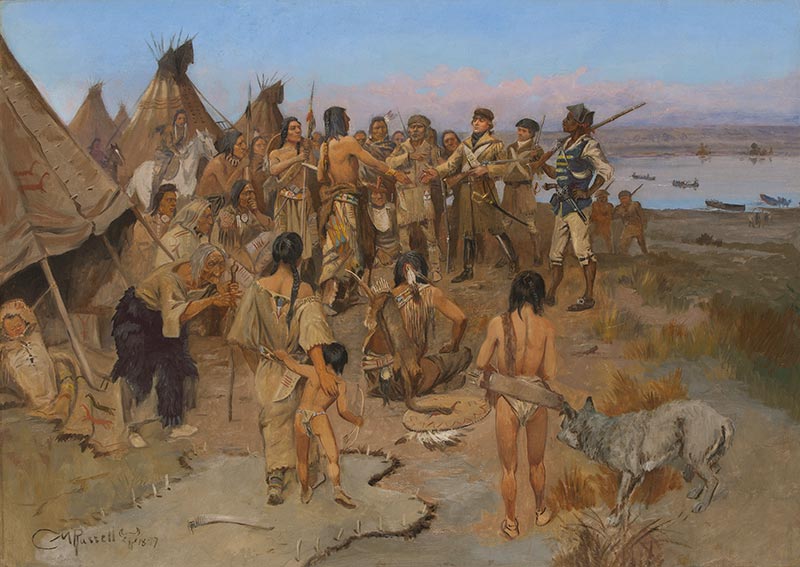 Charles M. Russell (1864–1926) Captain William Clark of the Lewis and Clark Expedition Meeting with the Indians of the Northwest, 1897 Oil on canvas Courtesy Sid Richardson Museum, Fort Worth, Texas Charles M. Russell (1864–1926) Captain William Clark of the Lewis and Clark Expedition Meeting with the Indians of the Northwest, 1897 Oil on canvas Courtesy Sid Richardson Museum, Fort Worth, Texas